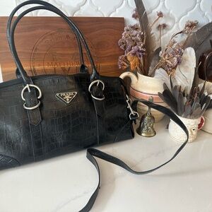 Prada Black Croc-Embossed Shoulder Bag